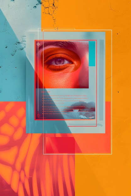 Photo abstract eye collage with bright colors and text