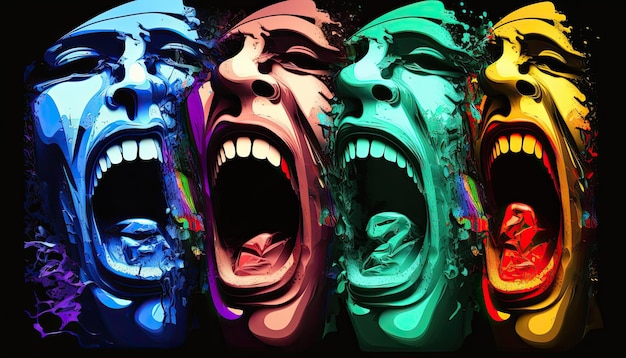 Abstract faces of people screaming in despair Colorful portraits on a black background Generative AI