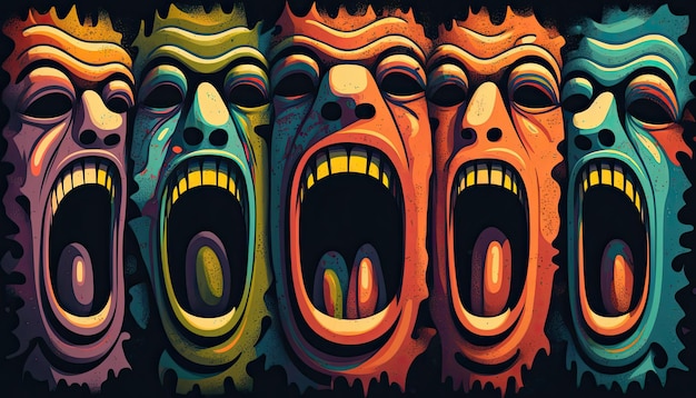 Abstract faces of people screaming in despair Colorful portraits on a black background Generative AI