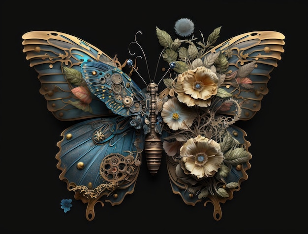 Abstract fantasy colorful mechanical butterfly background created with Generative AI technology