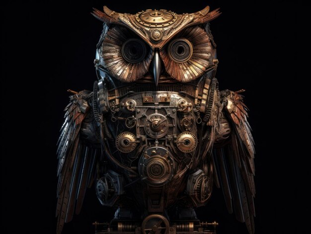 Abstract fantasy colorful mechanical owl background created with Generative AI technology