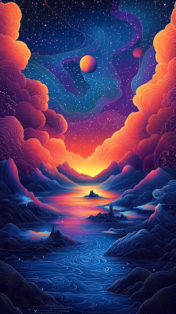 Abstract Fantasy Landscape with Stars and Planets