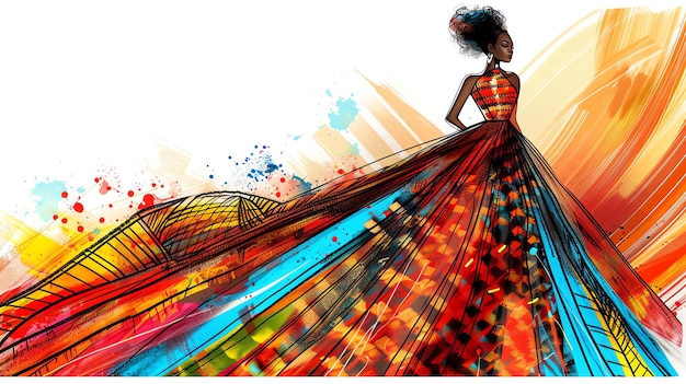 Abstract Fashion Illustration with Black Woman in Vibrant Dress