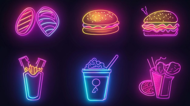 Photo abstract fast food icons in a neon color palette on a dark background