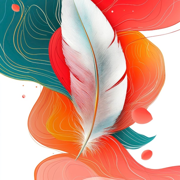 Photo abstract feather with red orange and teal swirls