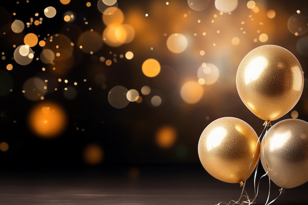 Abstract festive dark background with gold balloons and bokeh New year birthday AI generated