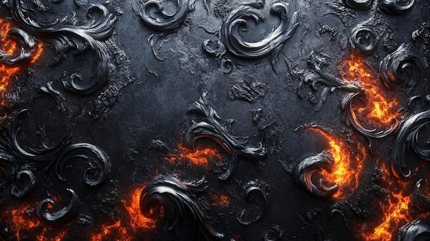 Photo abstract fiery texture with dark silver waves and flourish patterns