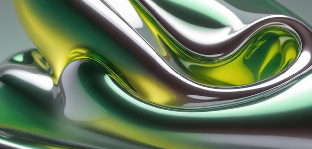 Abstract figure of chrome liquid splashes with green highlights