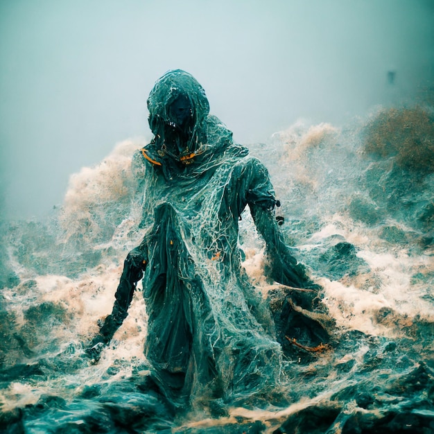 Abstract figure with some sticky clothes walking on a abstract sea Horror concept