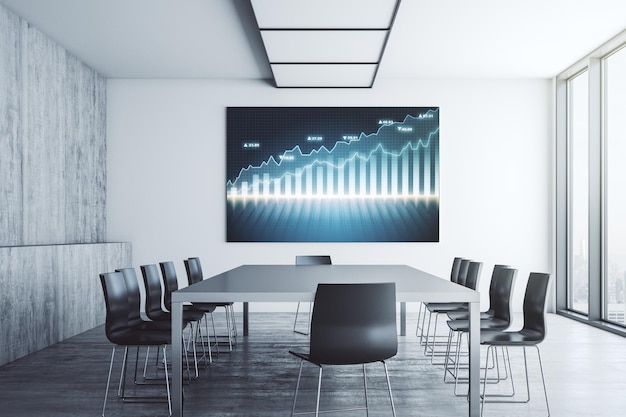 Abstract financial graph on tv display in a modern presentation room finance and trading concept 3D Rendering