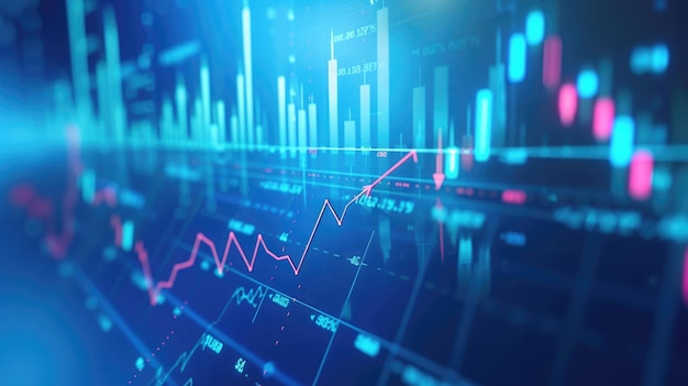 An abstract financial graph with an uptrend line and arrows in the stock market on a blue color background