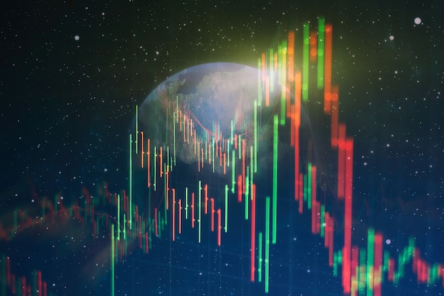 Abstract financial trading graphs and digital number on monitor. Background of gold and blue digital chart to represent stock market trend.