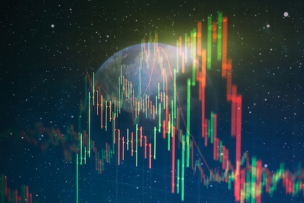 Abstract financial trading graphs and digital number on monitor. Background of gold and blue digital chart to represent stock market trend.