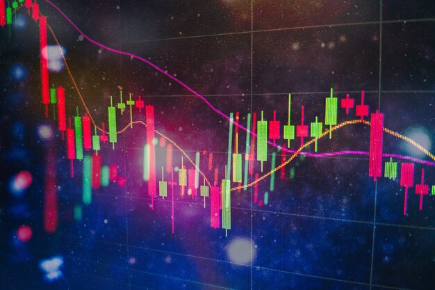 Abstract financial trading graphs and digital number on monitor. Background of gold and blue digital chart to represent stock market trend.