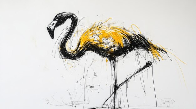 Abstract Flamingo Pen Art Black and Yellow on White 4K Ultra HD