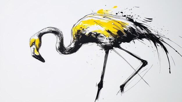 Abstract Flamingo Pen Art Yellow Black White Background Super HD 4K