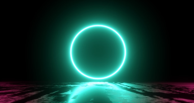 Abstract flight, neon light ring shape, mysterious space landscape.  Render