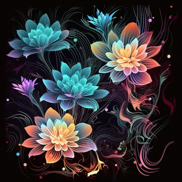 Abstract floral background with blue and pink flowers on black Vector illustration