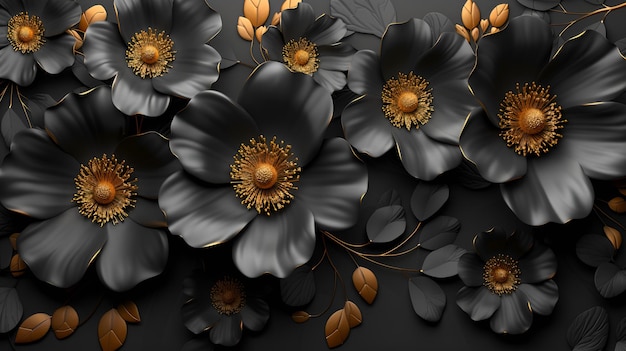 Abstract floral background with gold and black flowers 3d render