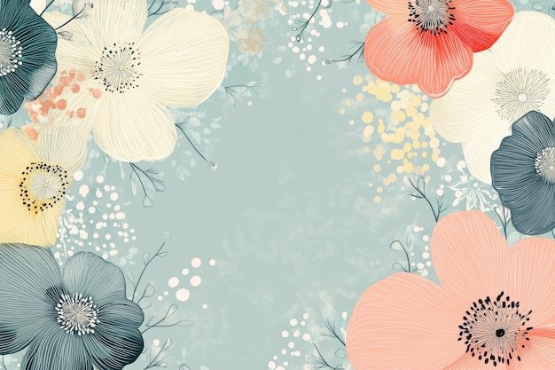 Photo abstract floral border with blue peach and cream flowers