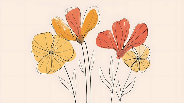 Photo abstract floral illustration in orange and yellow tones with black outlines on a warm beige background