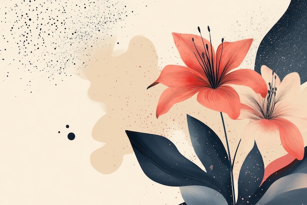 Abstract Floral Illustration with Orange and White Flowers and Dark Blue Leaves