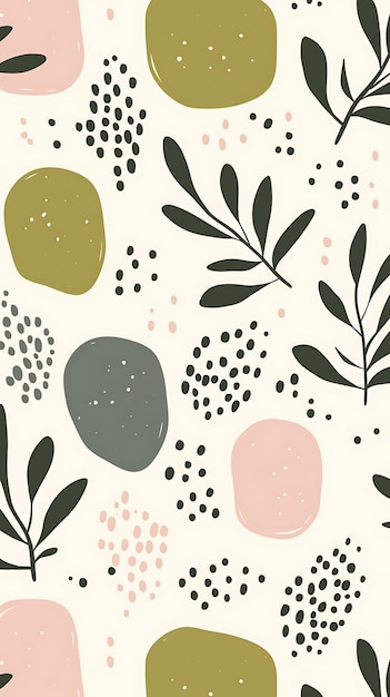 Abstract Floral Pattern with Green Leaves Pink and Green Shapes and Black Dots