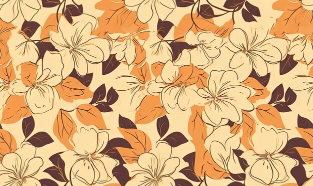 Abstract floral pattern with orange and brown flowers on a beige background with leaves and petals