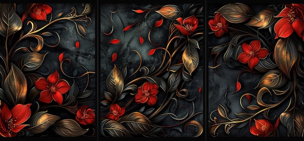 Abstract floral pattern with red and black background set of three panels for home decoration