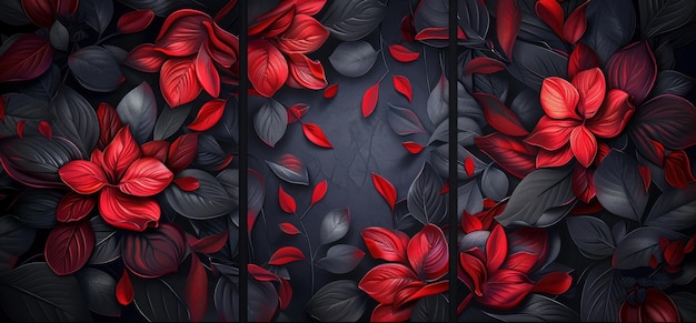 Abstract floral pattern with red and black background set of three panels for home decoration