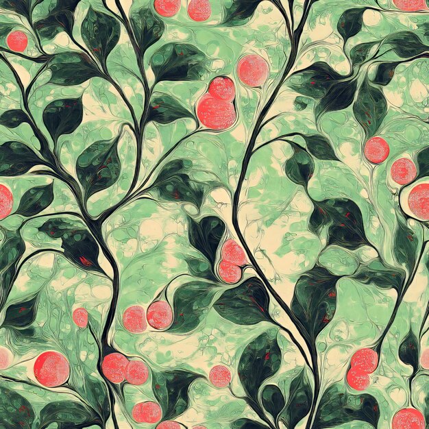 Photo abstract floral pattern with swirling leaves and red berries