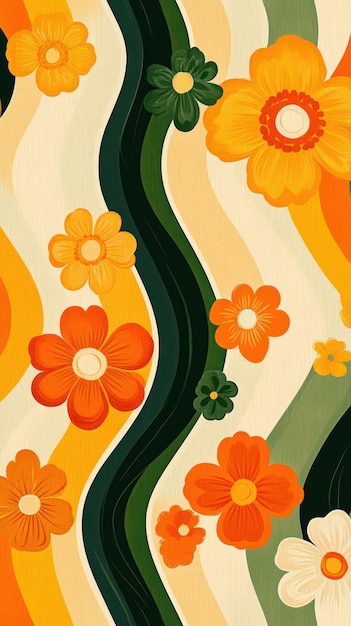 Photo abstract floral pattern with wavy green lines and orange yellow and white flowers