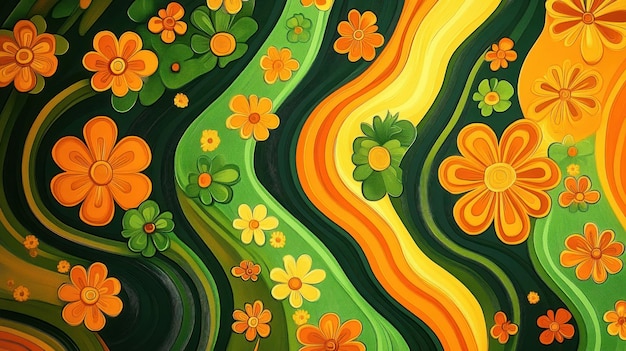 Abstract Floral Pattern with Wavy Lines in Orange Yellow and Green