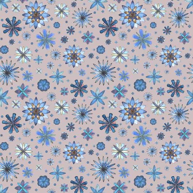 Abstract floral seamless ethnic boho soft pattern. Watercolor hand drawn blue teal turquoise brown flowers texture on gray background. Wallpaper, wrapping, textile, fabric