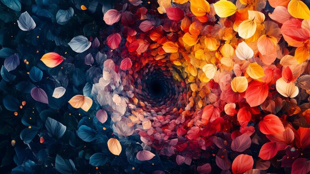 Photo abstract floral vortex with vibrant hues and textured leaves