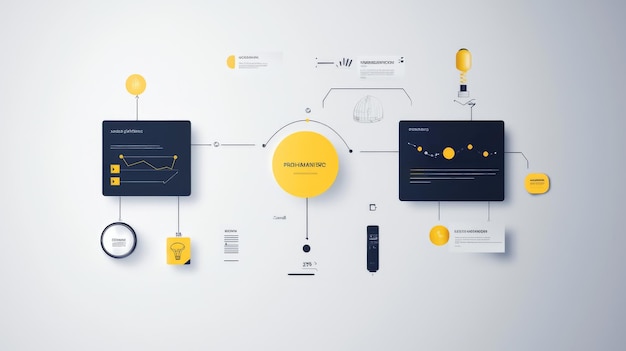 Abstract flowchart with yellow circles lines and text boxes