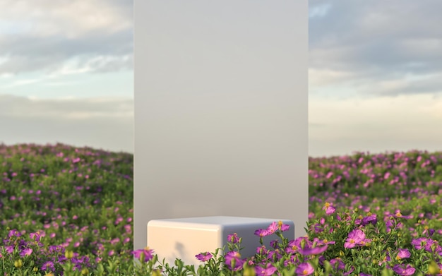 Abstract flower field scene with podium for product display and frosted glass background 3d rendering