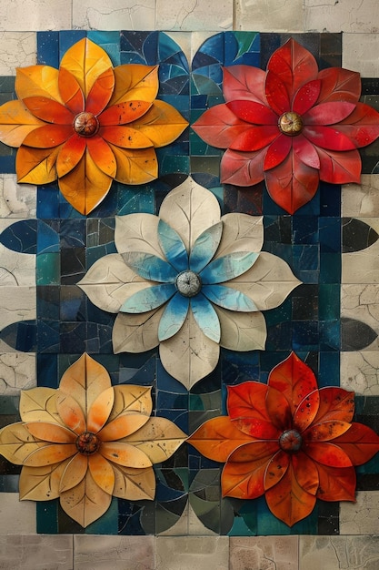 Abstract Flower Mosaic on Blue and Beige Tiles