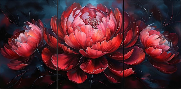 Abstract flower painting three panel wall art pink and red peony flowers dark background