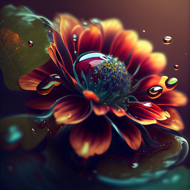 Abstract flower with water drops on a dark background 3d rendering