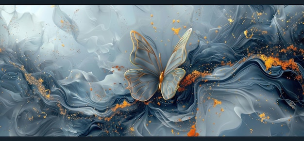 abstract fluid art background with golden butterfly grey and blue colors 3d render detailed for decoration