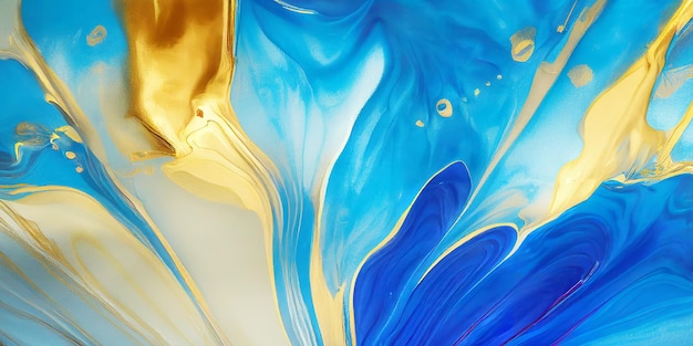 Abstract fluid art painting texture blue and gold colors