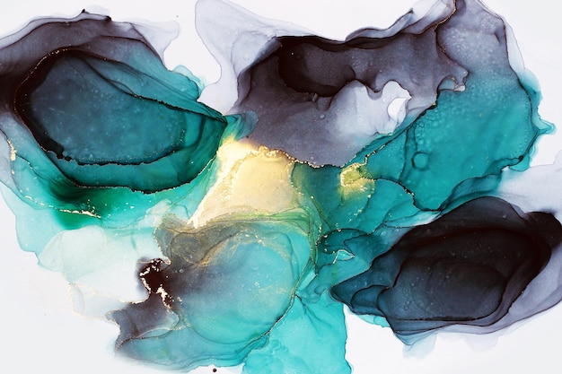 Abstract fluid ink painting background in green black colors with golden splashes