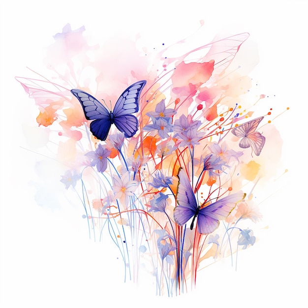 Abstract Flutter Watercolor of Butterflies and Flowers Generative Art