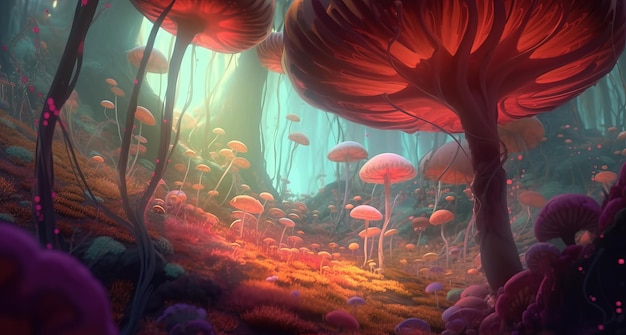 Abstract forest with tall mushrooms and unusual plants