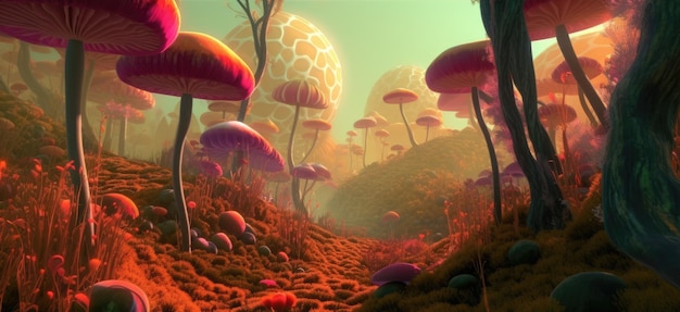 Abstract forest with tall mushrooms and unusual plants