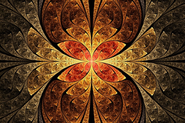 Abstract fractal art. Golden and red and orange floral geometric ornament.