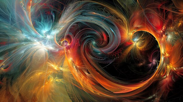 Abstract fractal art with swirling colors and light bursts