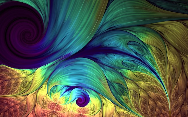 Abstract fractal patterns and shapesDynamic flowing natural formsBright colors in the hippie style