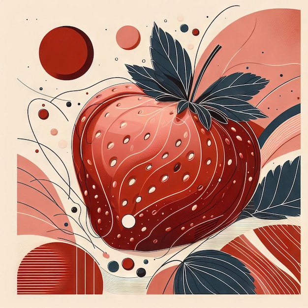 Photo abstract fruit poster contemporary art print with hand drawn strawberry trendy design for wall decor